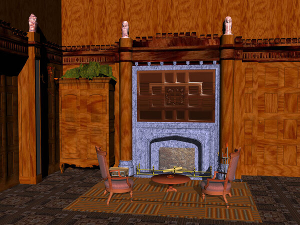 old living room with fireplace and wood paneling