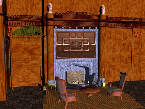 old living room with fireplace and wood paneling