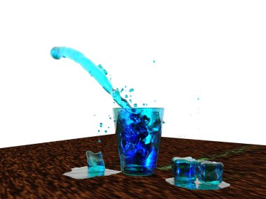 Su jeti ve buz küplü bir bardaktaki su damlaları.