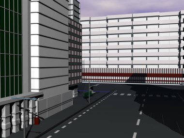 Metropol 'deki yüksek binaların arasındaki caddede.