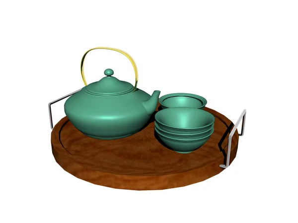 Vassoio Legno Con Teaware Verde — Foto Stock