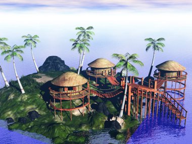 Güney Pasifik adası saman kulübeleri ve palmiye ağaçları