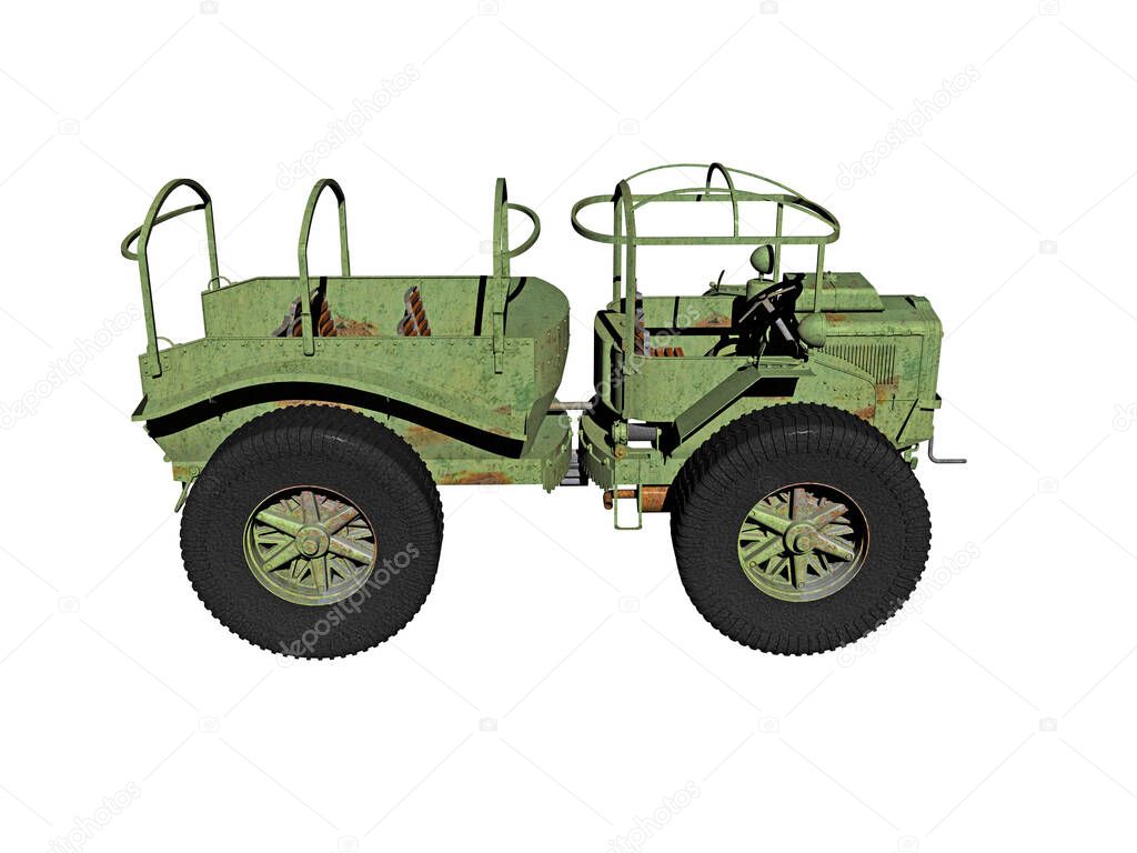 green military off-road vehicle with roll bars