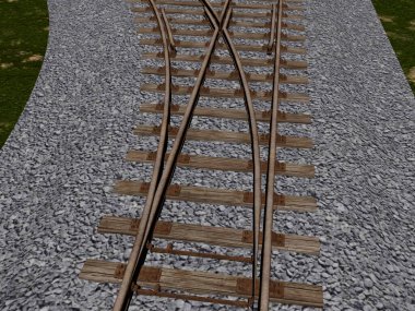 Parmaklıklar demiryolu döşeğinde, silindir ve çakıllarla