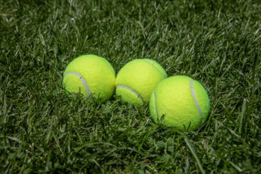 Üç sarı tenis topu çim tarlasında yatıyor.