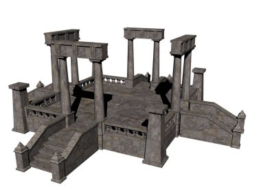 Merdivenleri ve sütunları olan eski bir bina