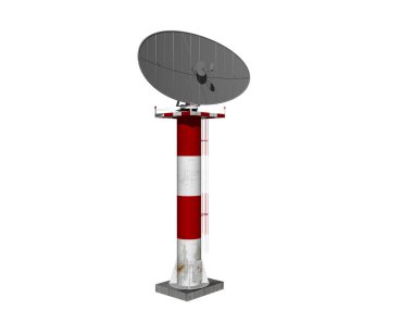 Havaalanında radar sistemi olan kırmızı ve beyaz çizgili kule.
