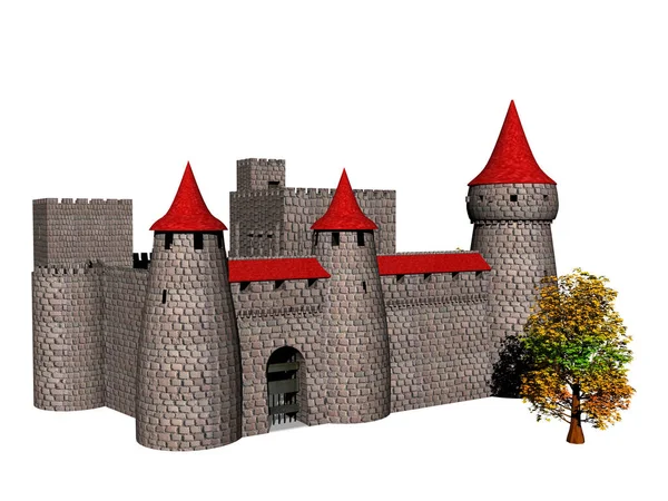 old castle complex with towers and battlements