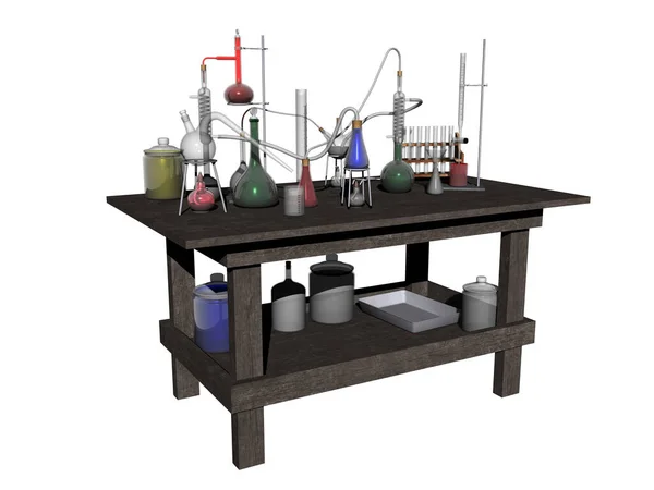 Labortisch Mit Vielen Gläsern Und Chemikalien — Stockfoto