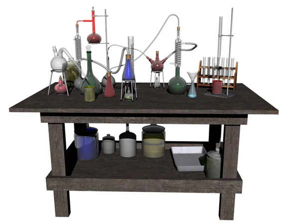 Τραπέζι Εργαστηρίου Πολλά Γυαλιά Και Χημικές Ουσίες — Φωτογραφία Αρχείου