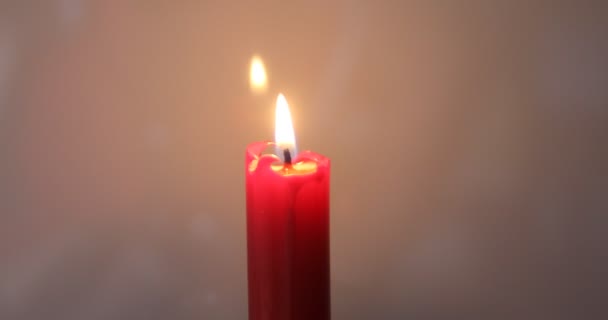 Single Narrow Red Candle Burns Flame Flickering Wind — Stock Video