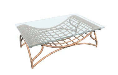 Sepet standındaki açısal cam masa.