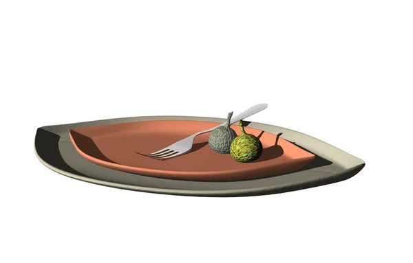 フォークと果物の楕円形のプレート — ストック写真