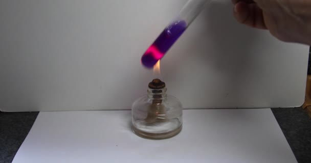 Tenue Main Tube Essai Avec Liquide Bleu Sur Une Flamme — Video