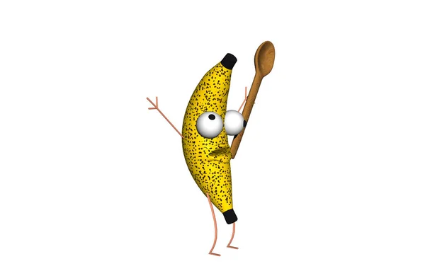 Banana Dos Desenhos Animados Com Grandes Olhos Colher Madeira — Fotografia de Stock