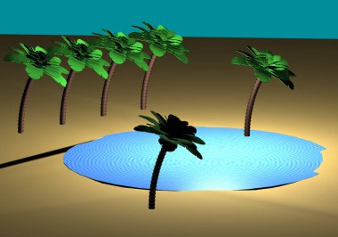 Vahada palmiyelerin arkasında mavi su