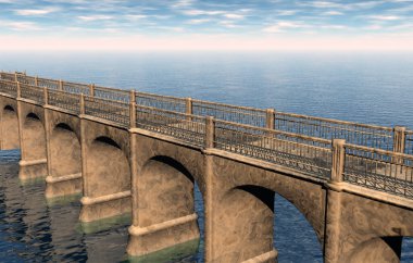 Suyun üzerinde uzun taş köprüler var.