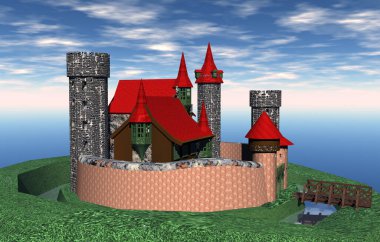 Sivri kuleleri ve kale duvarları olan ortaçağ kalesi