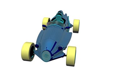 Sarı tekerlekleri olan mavi sabun kutusu