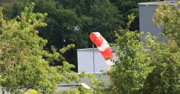Rot Weiß Gestreifte Windsack Weht Stürmischen Wind Zwischen Den Bäumen — Stockvideo