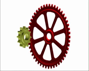 kırmızı paslanmaz çelik dişliler birbiri etrafında döner.