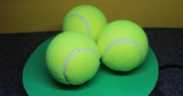 Három Sárga Teniszlabda Fekszik Fűben Füves Mezőn — Stock videók