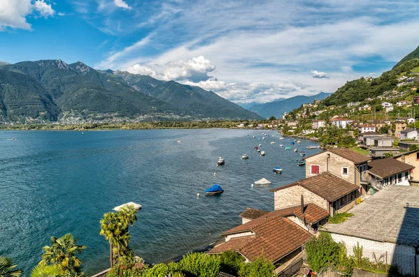 Landschaft Des Lago Maggiore Mit Bergen Und Magadino Dorf Hintergrund — Stockfoto