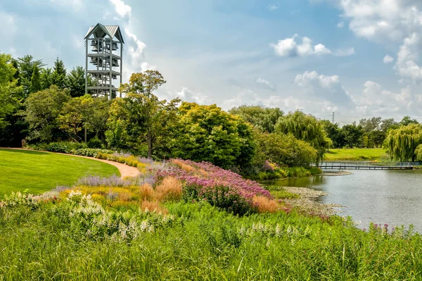 Evening Island Carillon Bell Tower Chicago Botanic Garden Glencoe Illinois — Foto de Stock