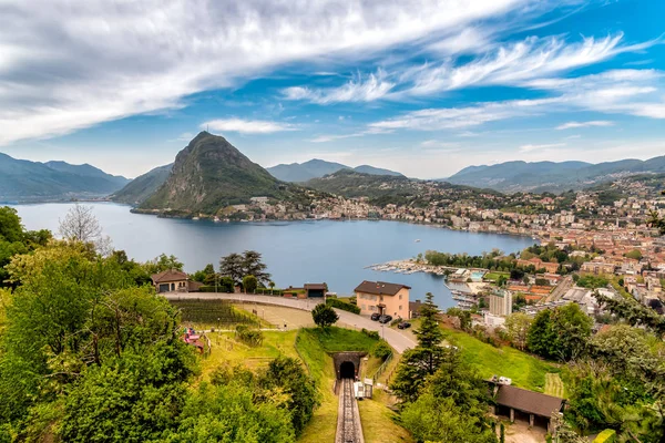 Malowniczy Widok Jezioro Lugano Miastem Monte San Salvatore Lugano Ticino — Zdjęcie stockowe