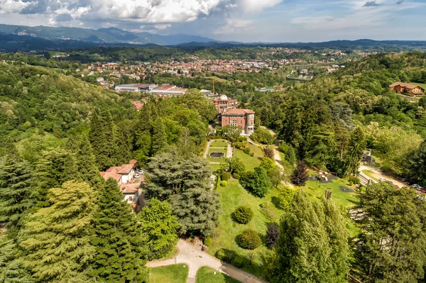 Aerial view of public garden in Villa Toeplitz in sunny spring day, Varese, Lombardy, Italy