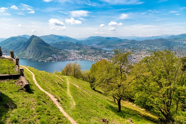 Festői Kilátás Luganói Tóra Monte San Salvatore Val Lugano Városával — Stock Fotó