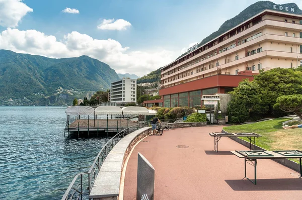 Lugano Ticino Szwajcaria Sierpnia 2019 Widok Grand Eden Hotel Brzegu — Zdjęcie stockowe