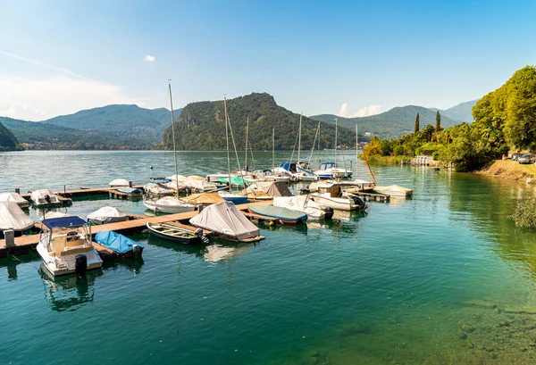Pier Boats Lake Lugano Morcote Ticino Switzerland — Stock Photo, Image