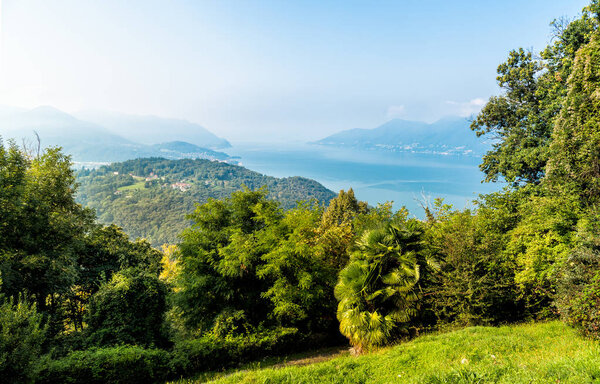 Landscape of lake Maggiore in a sunny day, view from Dumenza, Italy