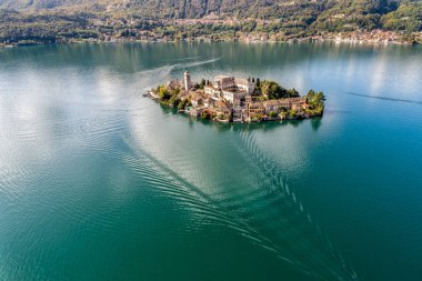 Aerial View of San Giulio island located on the Lake Orta in Piedmont, Italy