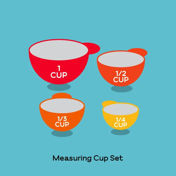 彩色测量杯套 厨房用具 橙色和黄色测量杯在不同大小的蓝色背景 — 图库矢量图片