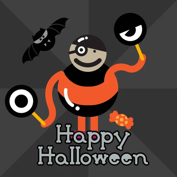 Saludo Cuadrado Feliz Tarjeta Halloween Con Monstruo Naranja Con Murciélago — Vector de stock