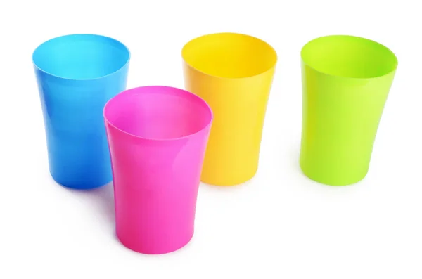 Пластиковые Красочные Чашки Изолированы Белом Фоне Стоковая Картинка