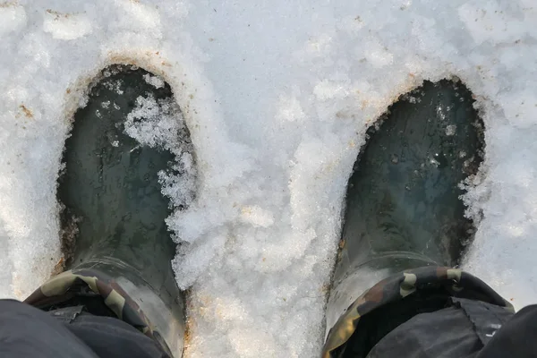 Ноги в резиновых сапогах во влажном снегу. Зеленые резиновые сапоги — стоковое фото