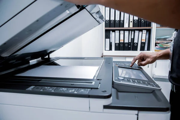 Businessman Press Button Using Photocopier Printer Office Work Tool Equipment — Stock Photo, Image