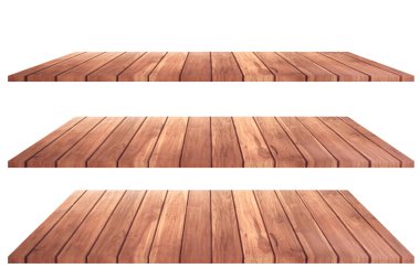 Ürünleri göstermek için beyaz arkaplanda tahta raf boş şablon.