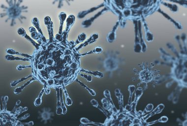 Covid-19 virüs hücreleri veya koronavirüs illüstrasyon 3D görüntüleme veya virüs soyut arkaplan.