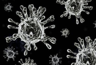 Covid-19 virüs hücreleri veya koronavirüs illüstrasyon 3D görüntüleme veya virüs soyut arkaplan.