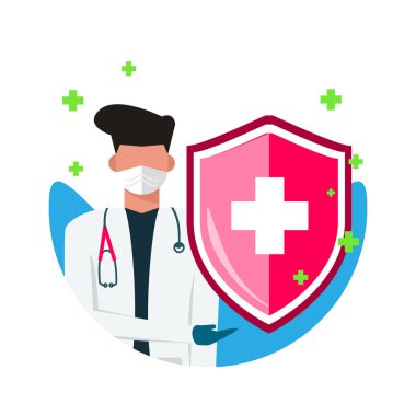Bağışıklık sisteminin vektör simgesi. Koruyucu kalkanı olan bir doktor. Sağlığın bakteri ve virüslerden korunması. İnsan mikroplarının tıbbi olarak önlenmesi