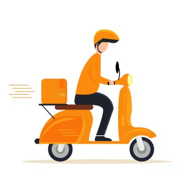 Hızlı teslimat. Kurye, menggunakan scooter ya da posta paketlerinin ücretsiz teslimatını sağlar. Düz stil ile vektör illüstrasyonu