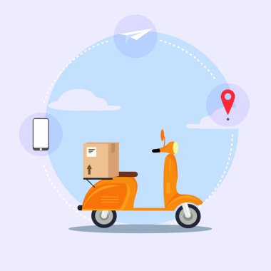 Temas kurmadan gönderme konsepti. Küresel nakliye tekerlekleri olan paket. Özel paketler için scooterlı koruyucu kutular.