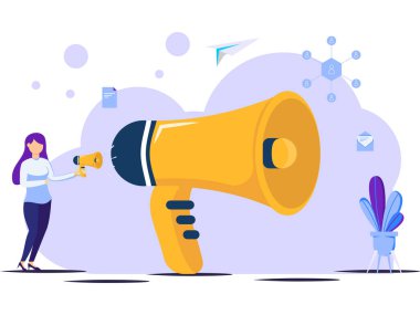 İş Reklamcılığı Tanıtımı. Kadın elinde hoparlörle kalabalığa konuşuyor. Pazarlama reklamı kavramı. Düz vektör illüstrasyonu.