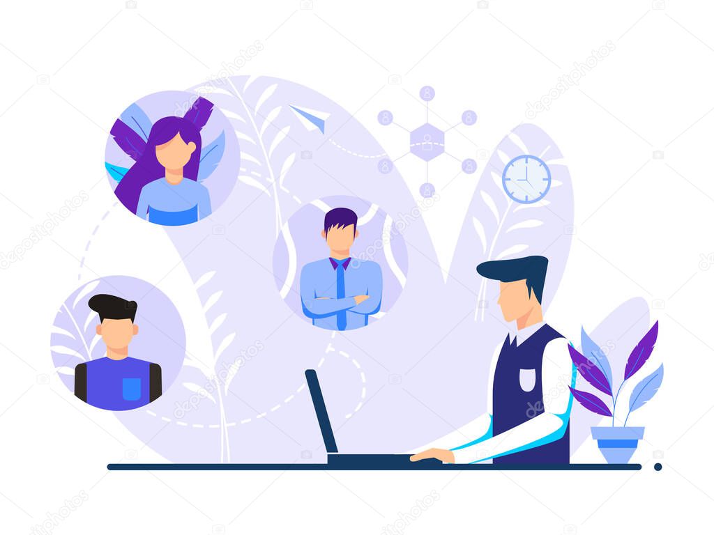 Workers use computers for collective virtual meetings and group video conferences. Men on desktop chatting with friends online. Vector illustrations for video conferencing, remote work, technological.