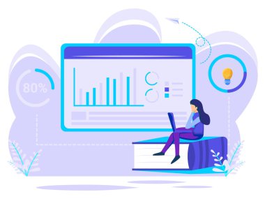 Büyük ekranın önünde minimalist bilgi konsepti. Dizüstü bilgisayar tutan bir kadın. Çevrimiçi eğitim, mesafe işçileri. uzak işçi.