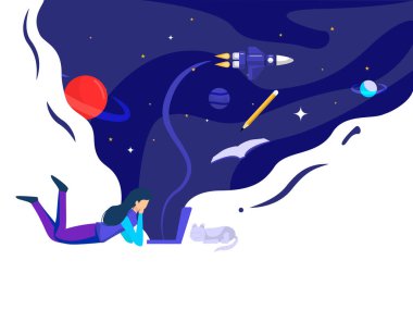 Yanında evcil bir kediyle dizüstü bilgisayarın önünde yatan bir kadın. Uzayda milyonlarca ilham kaynağı. vektör illüstrasyonu.